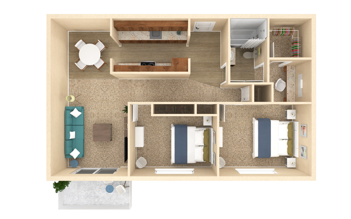 Floor plan for 2 beds, 1 bath, 858 sqft